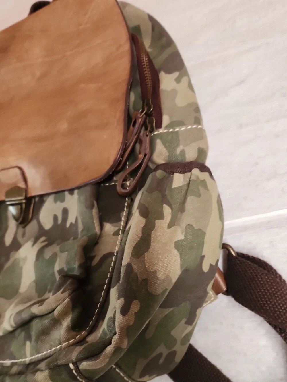 Scully Camouflage & Leather Ranger Canvas Backpack with Brown Trim